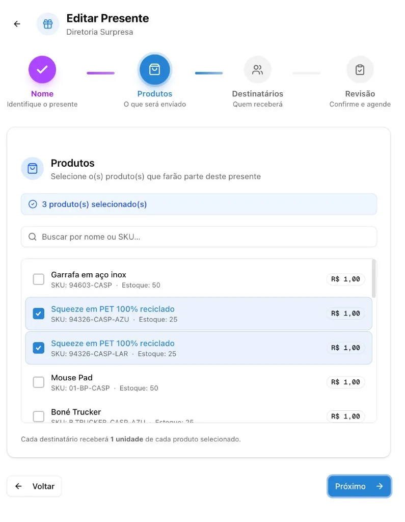 Gift wizard review step — name, 2 products, 2 recipients