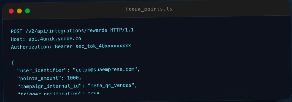 Screenshot of an HTTP POST request to the 4Unik rewards API with JSON body (issue points example).